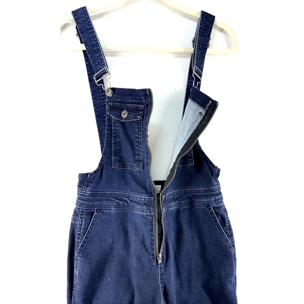 Womens Dark Wash Denim Zip Front Overalls Flare Sz S 70s Retro Festival Tradwife